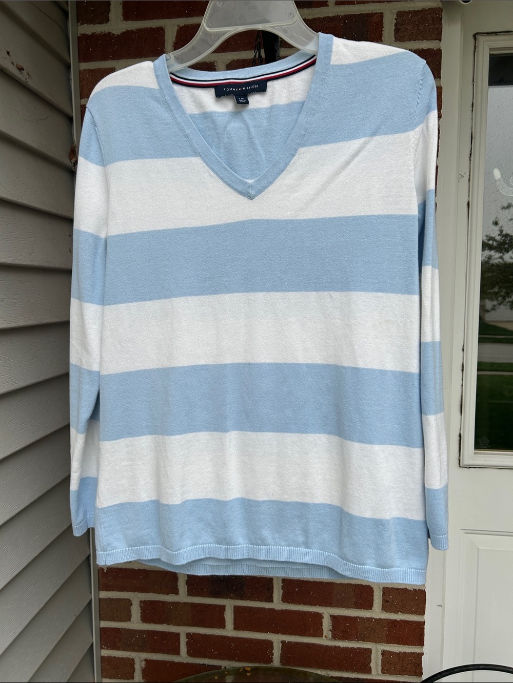 Tommy Hilfiger Baby Blue and White Striped V-Neck Sweater Women’s size L